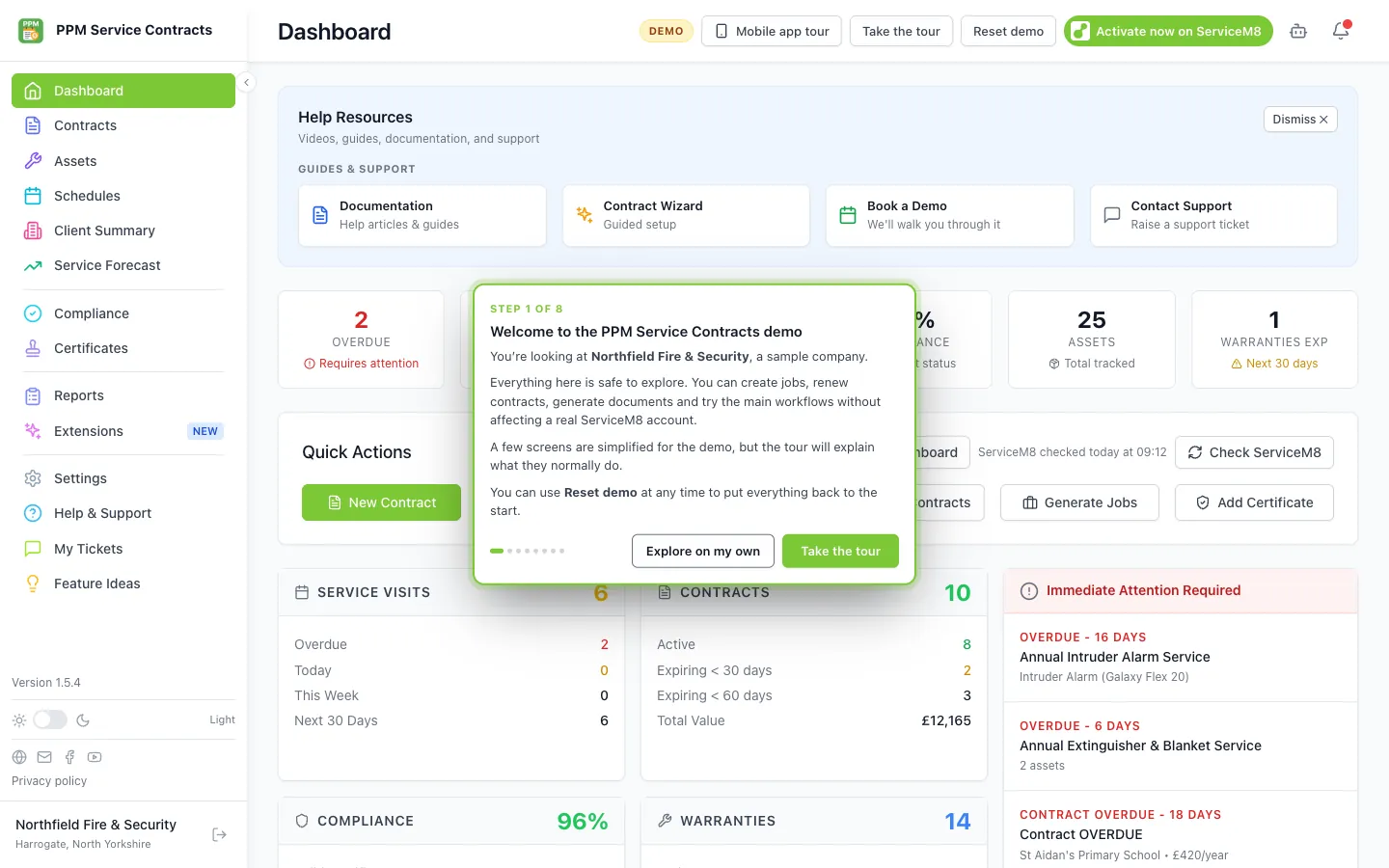 The PPM desktop demo: dashboard for a sample company with the welcome tour open