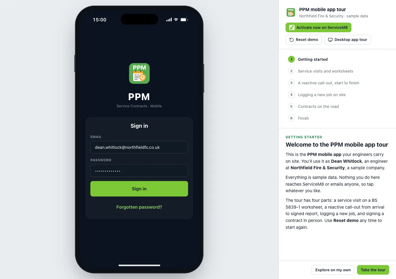 The PPM mobile app tour: the app on a phone beside the tour steps