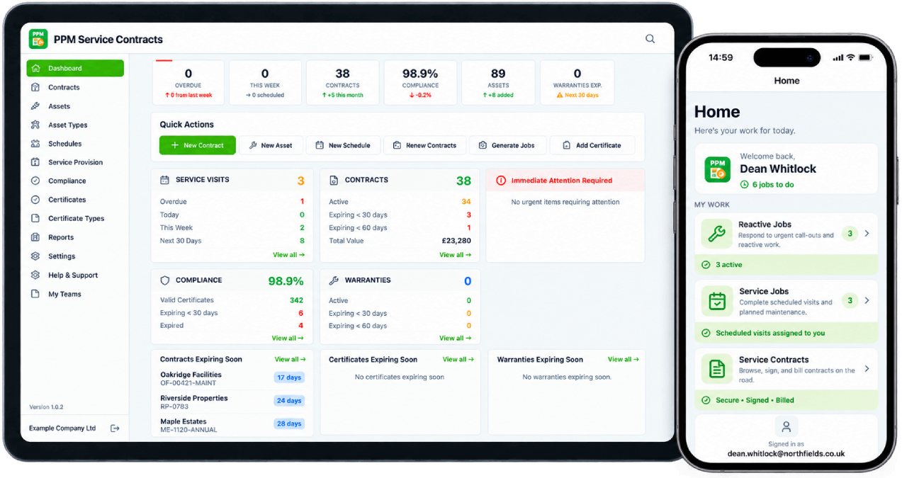 PPM Service Contracts on a tablet and the PPM mobile app on a phone: the dashboard with service visits, contracts and compliance, and the engineer's home screen with reactive jobs, service jobs and service contracts